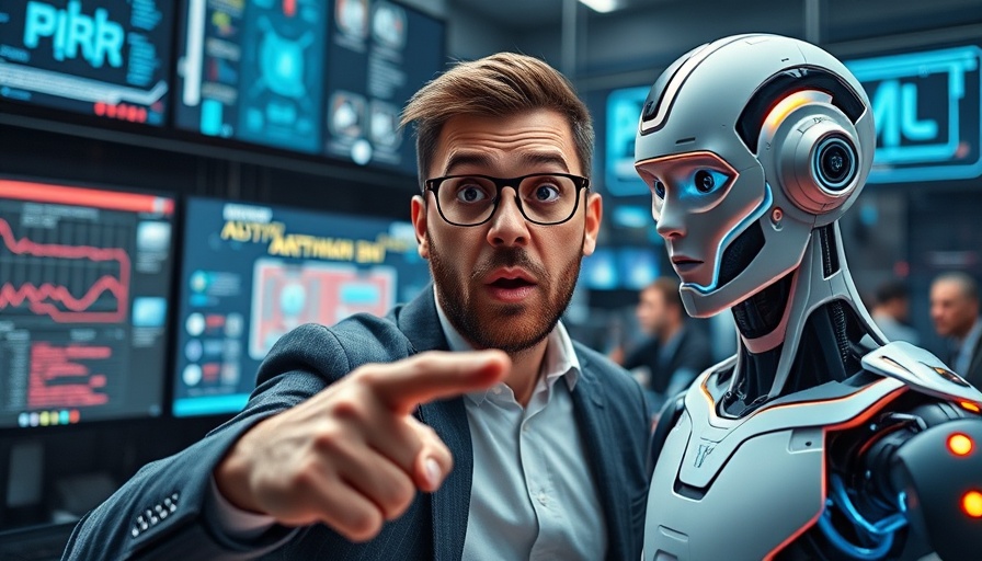 Surprised man pointing at AI avatar on screen.