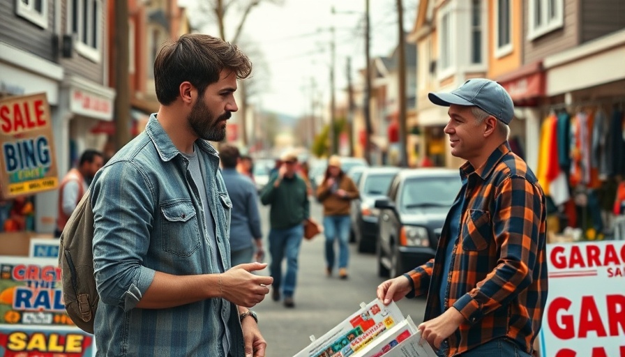 Garage sale setup, two men arranging items for sale, AI for entrepreneurs.