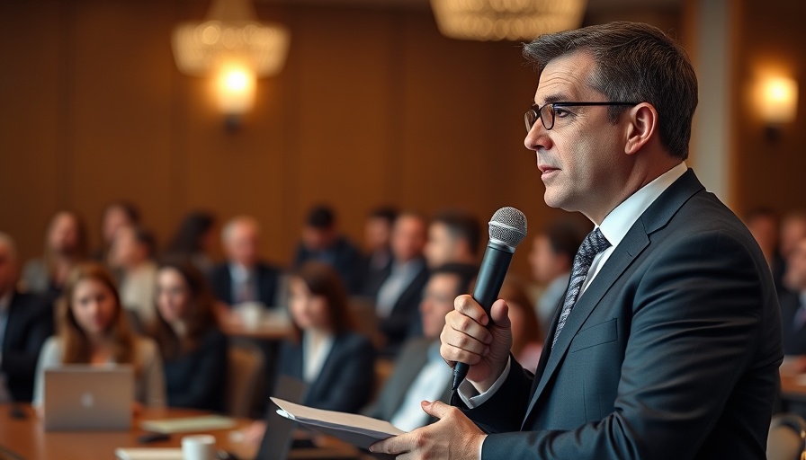Confident speaker in AI Governance conference presentation.