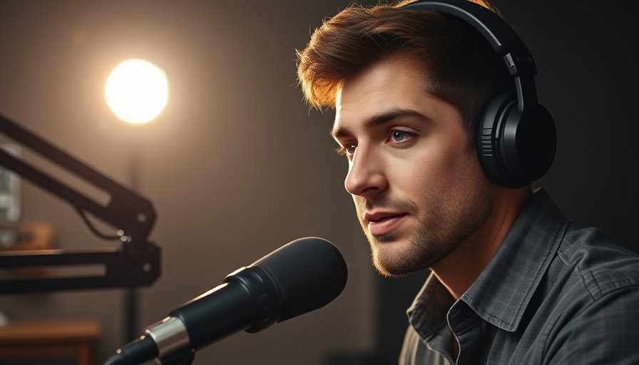 Podcast host discussing AI in business growth during live studio session.