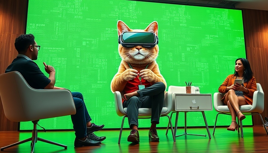 Tech panel at event with green backdrop and cat image, Silicon Valley.
