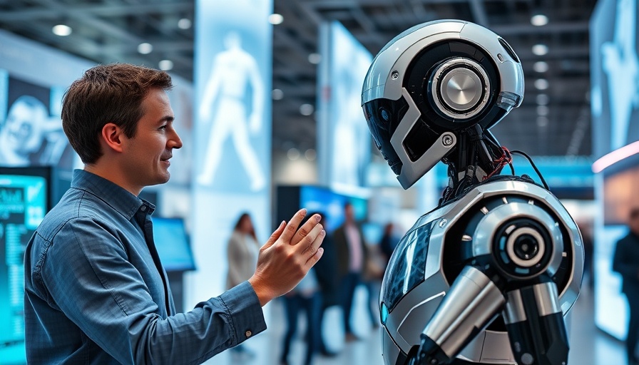 Futuristic humanoid robot engaging attendees at tech expo, emphasizing meta robotics software licensing.