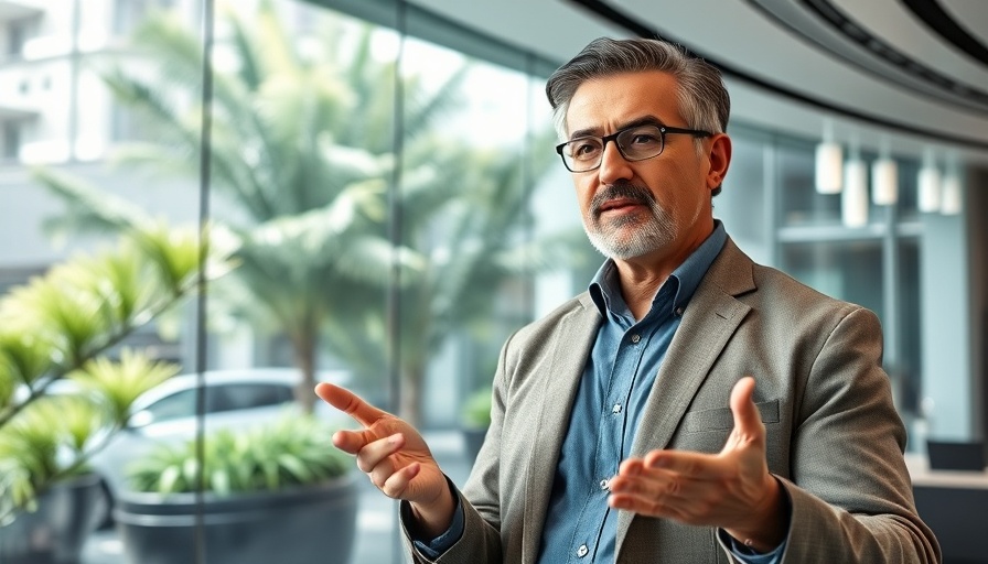 Middle-aged man discusses latest AI news 2025 in modern office.