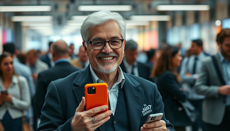 Diverse group with Tim Cook showcasing devices, bright setting.