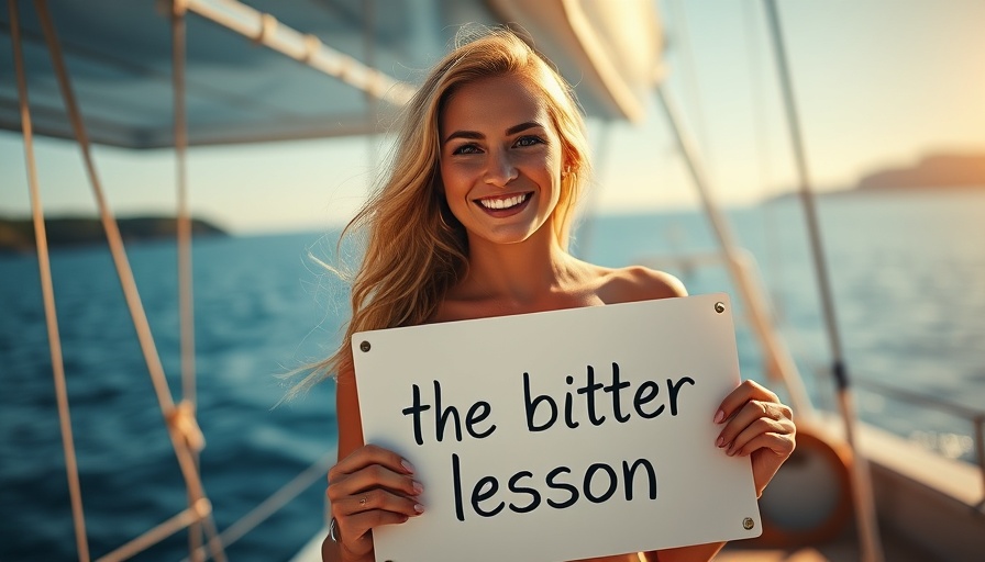 Woman on yacht with sign, ocean backdrop, AI video automation