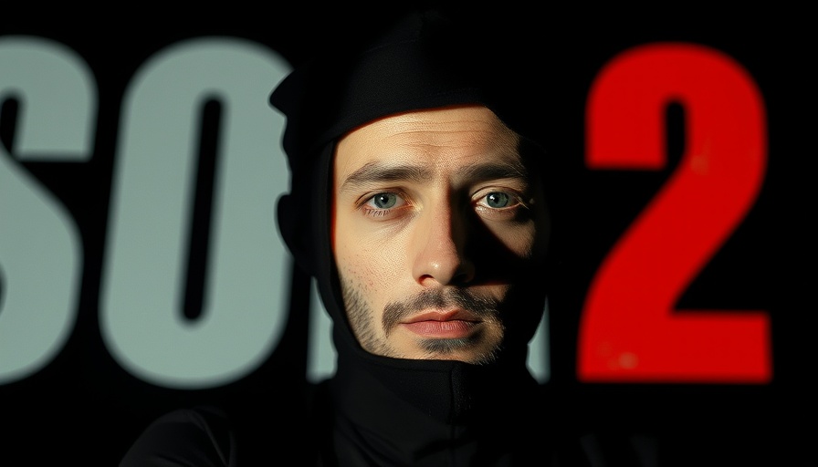AI video generation text next to a man's half-lit portrait.