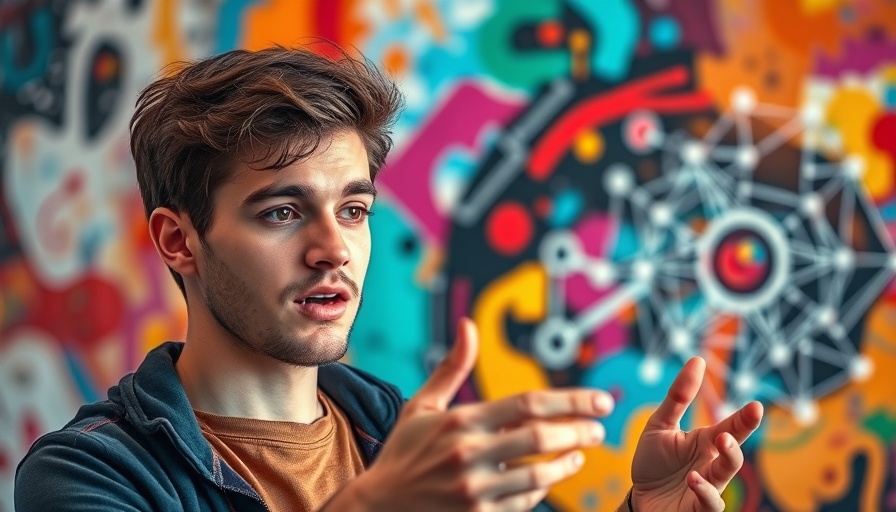 Young man explaining AI, colorful background, soft lighting.