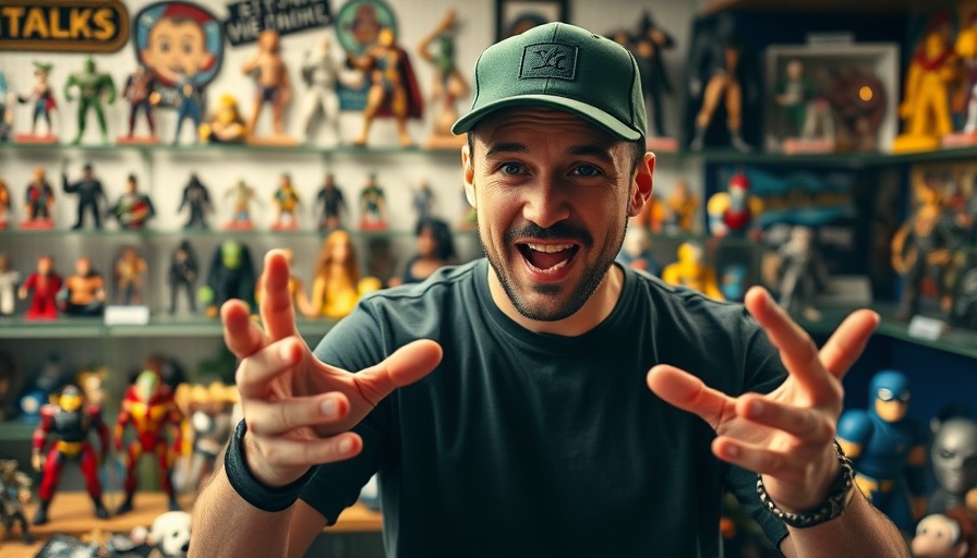 Enthusiastic man with collectibles, AI for entrepreneurs concept.