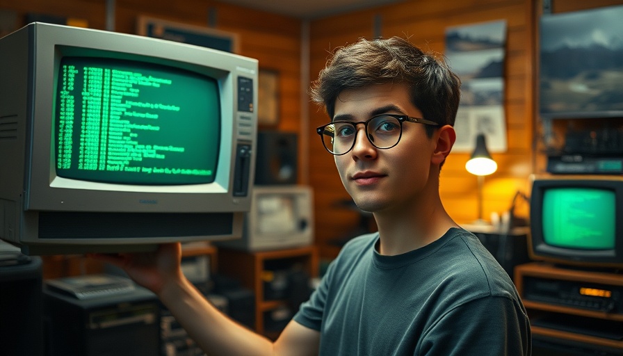 Young male with vintage computer and Claude Code 2.0 AI applications.