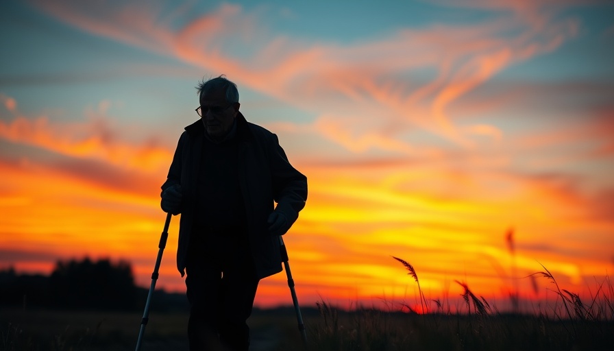 Elderly man on crutches at sunset highlighting osteoporosis in men.