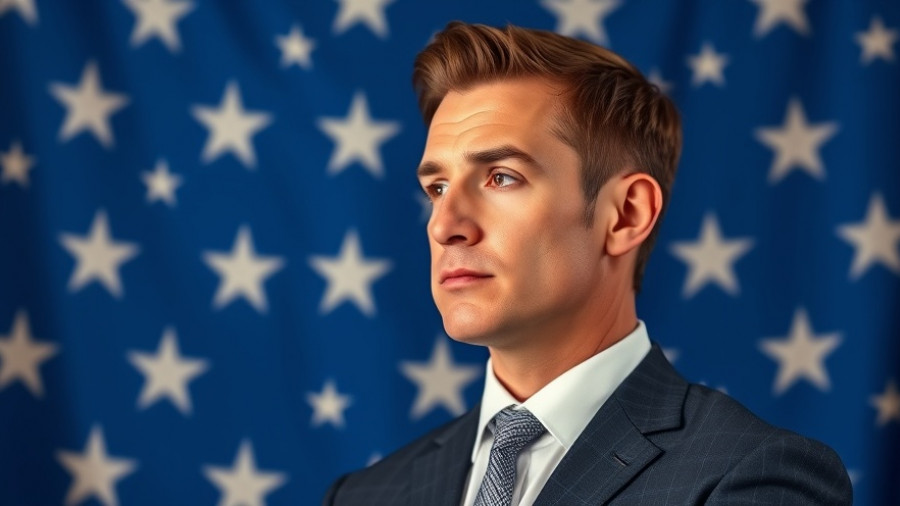 Confident male in suit, star-spangled backdrop; Newsom veto transgender health care.