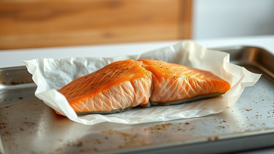 Parchment-wrapped salmon en papillote on a baking tray.