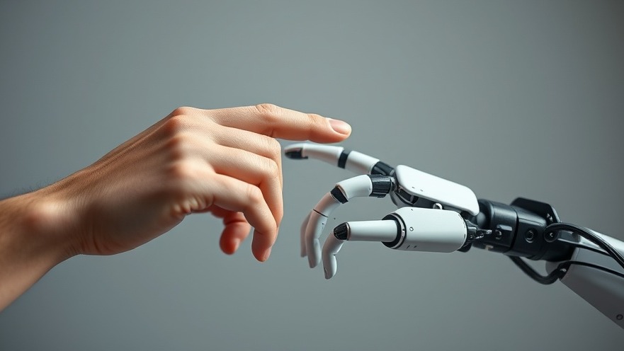 A human hand touching a robotic hand, symbolizing automation in dentistry and empathy.