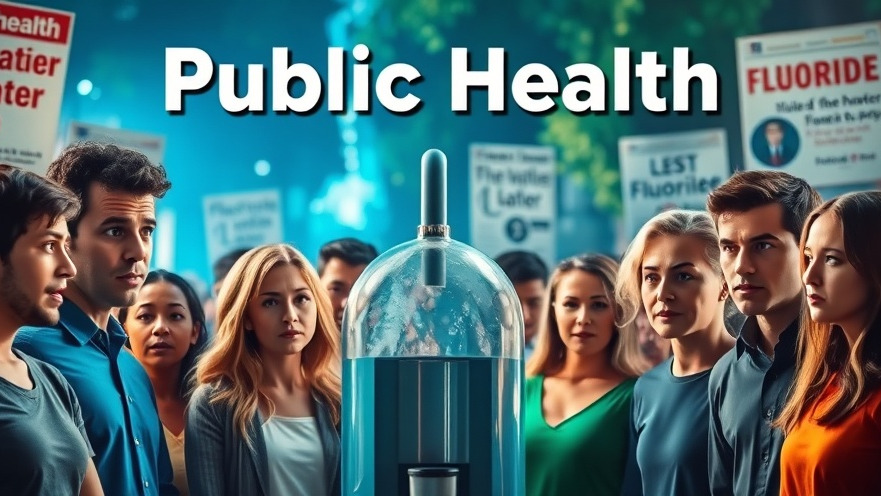 Diverse group debating fluoride public health policy near water fountain.