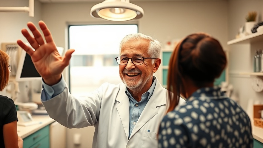 Retired dentist bids farewell in a vibrant office, highlighting accessible dental care.