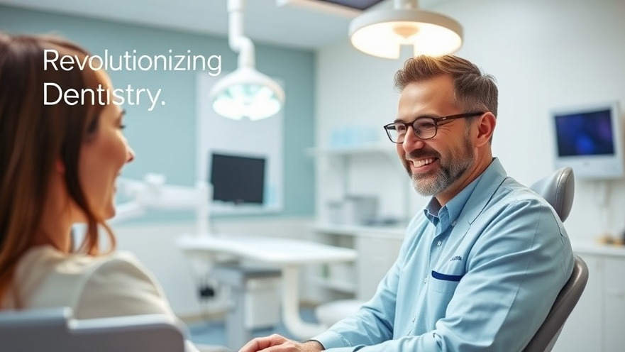 Smiling dentist with patient in a modern dental office, highlighting AI in dentistry.