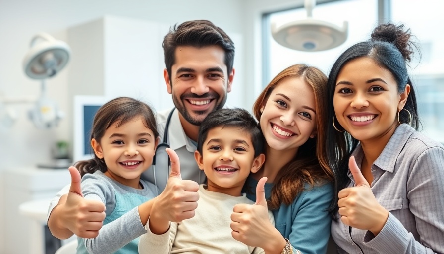 Happy family with dentist showing thumbs up in bright dental office