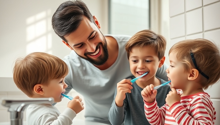 Father teaching kids dental hygiene in cozy bathroom.