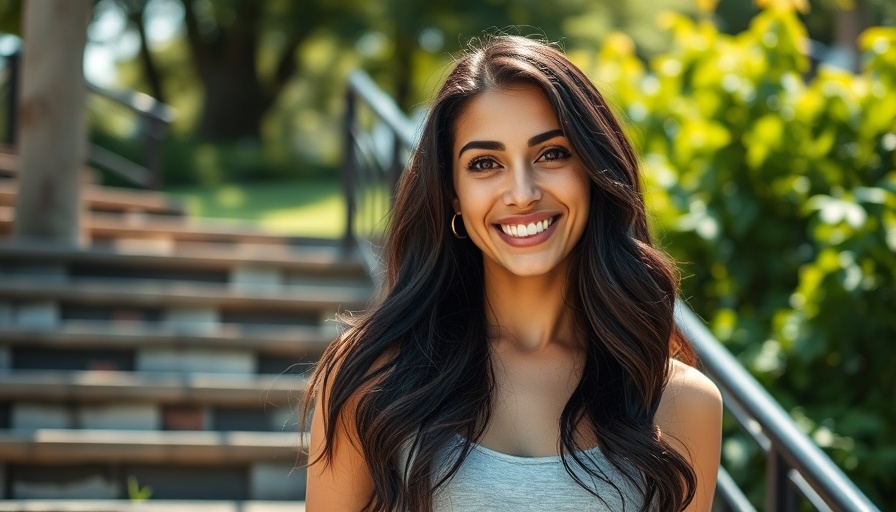 Confident woman outdoors on stairs surrounded by greenery.