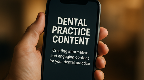 Hand holding smartphone with ChatGPT prompts for dental practices.