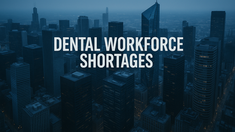 Text overlay 'Dental + DSO Review' on cityscape, dentistry workforce shortages theme.