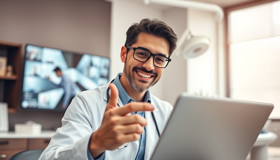 Dentist engaging online in a modern office, social media interaction.