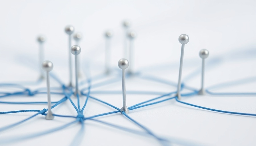 Minimalistic image of interconnected pins with blue strings creating alignment.