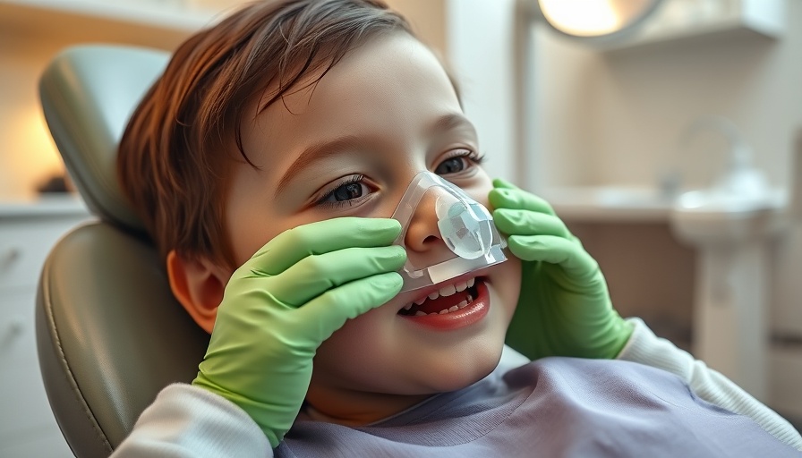 Child receiving nitrous oxide sedation, dental clinic close-up.