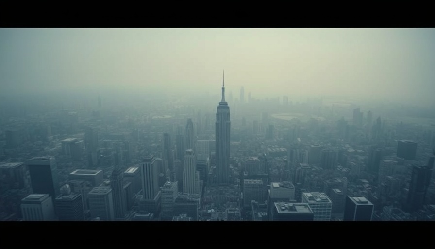 Aerial cityscape with urban buildings and text overlay.