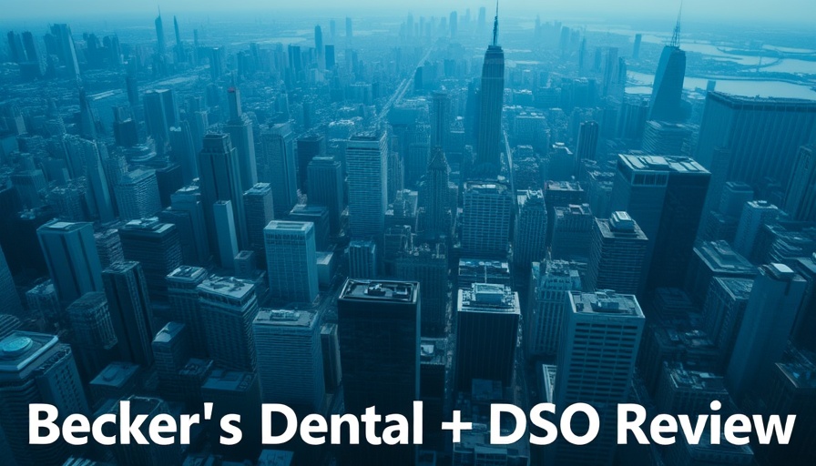 Aerial cityscape with Becker's Dental + DSO Review text overlay