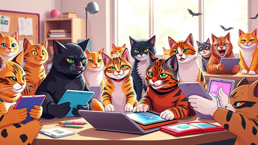 Diverse cats in a vibrant classroom using tech, highlighting education technology evolution.