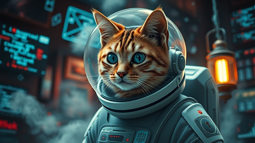 Futuristic space cat in a suit with AI cultural influence, surrounded by digital screens.