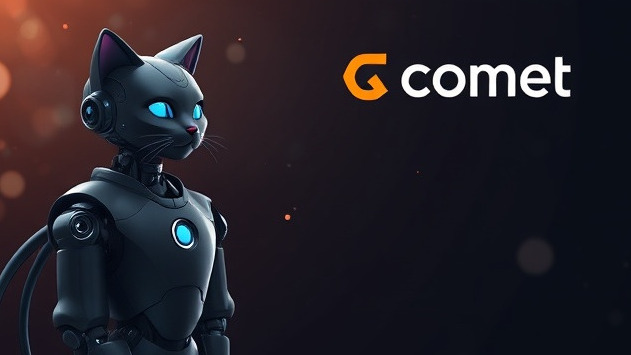 Futuristic web browser interface showcasing AI tools for business with a cat robot and Comet logo.