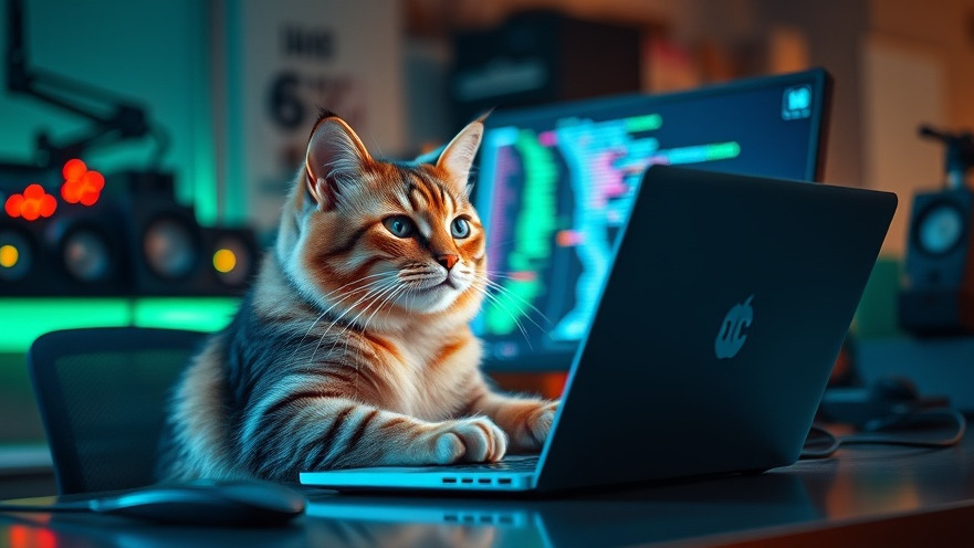 Enthusiastic cat coding at a sleek workstation, showcasing AI-driven software development.