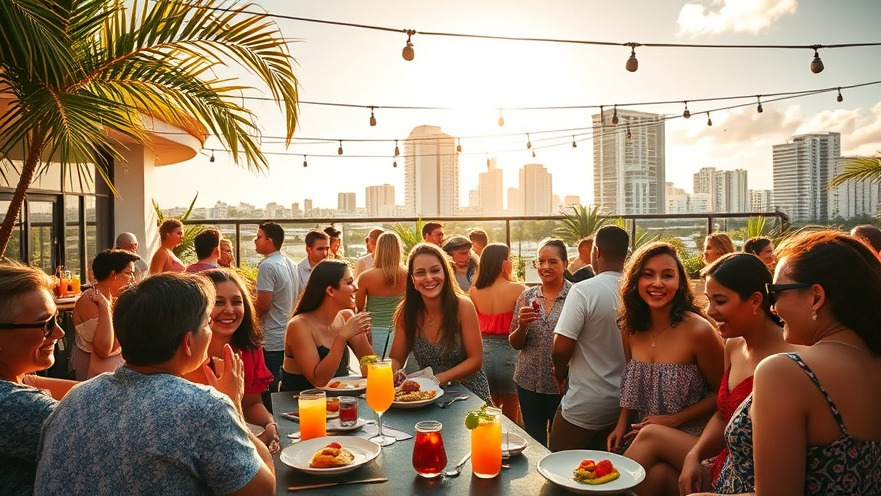 Vibrant Miami Beach nightlife with friends enjoying cocktails and brunch on a sunlit rooftop.