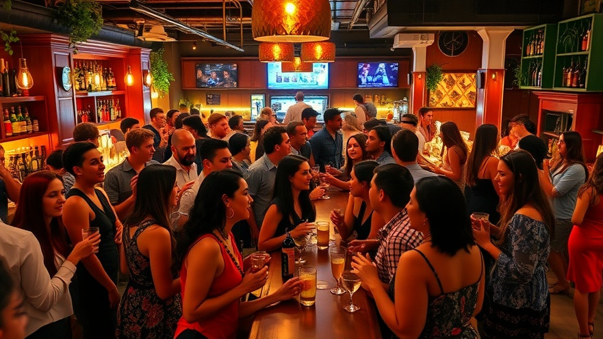 Vibrant Atlanta nightlife at an upscale bar, showcasing diverse groups enjoying drinks and laughter.