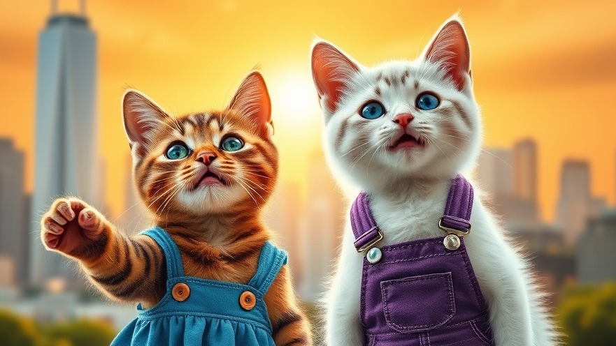 Two cats in colorful outfits expressing hope against a vibrant city skyline, symbolizing societal changes with AI.