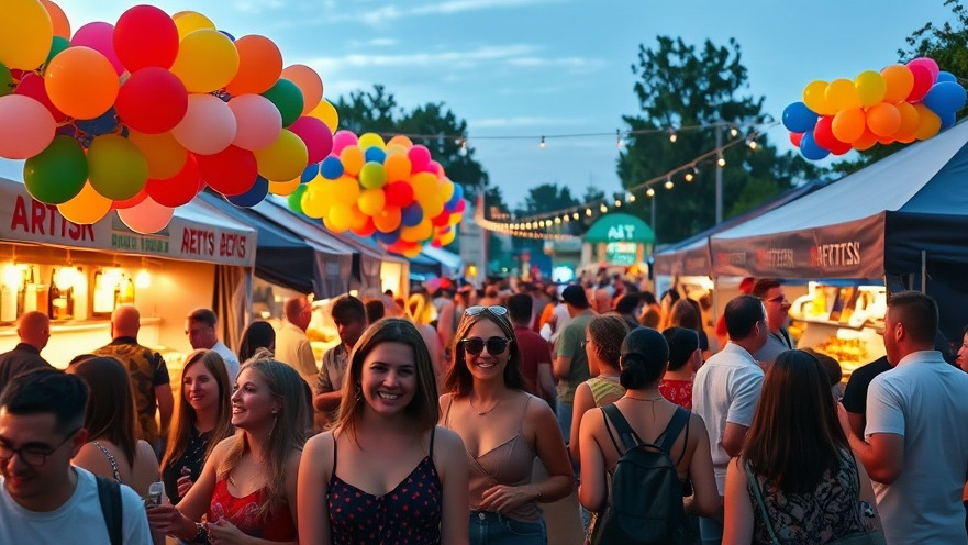 Joyful celebration at Charlotte, NC festivals with food stalls and colorful balloons.