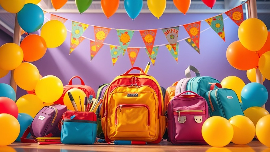 Colorful school supplies at a family fun day promoting free school supplies and community engagement.