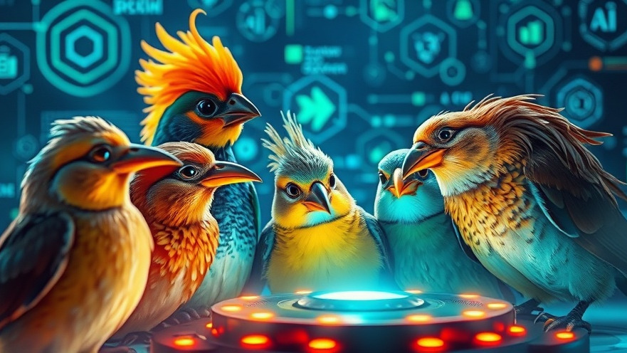 Diverse birds exploring futuristic tech, representing AI governance and ethics.