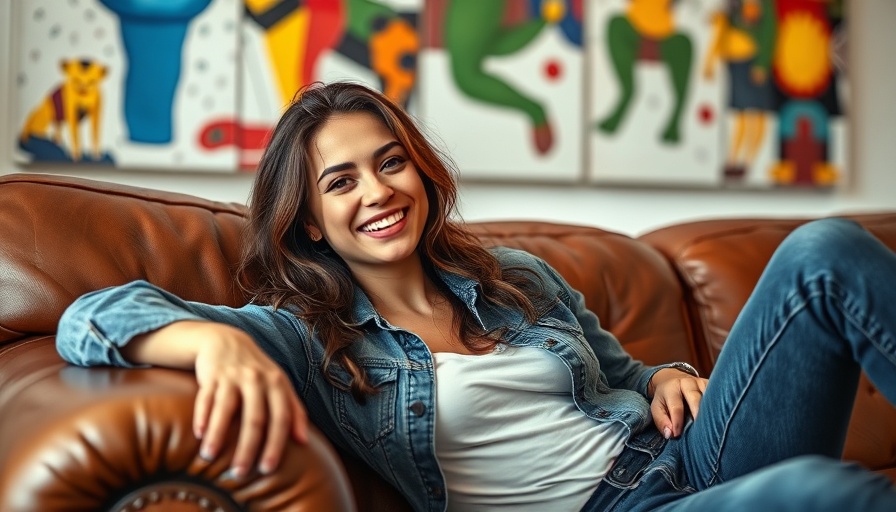 Joyful woman in denim on leather sofa, Consuela James Avery collaboration.