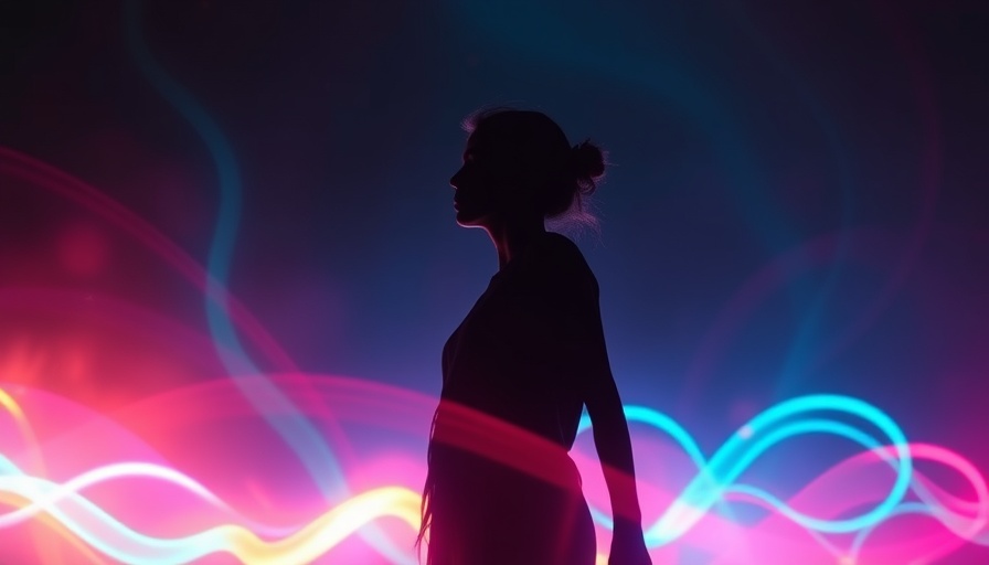 Silhouette with colorful light trails, abstract digital art.