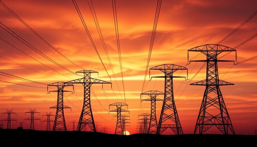 Silhouetted power lines at sunset, vibrant infrastructure imagery.