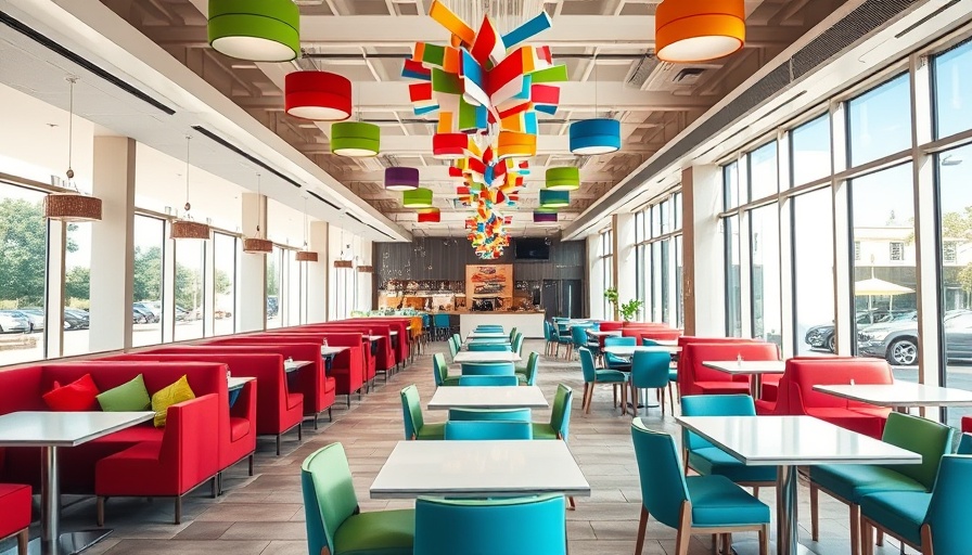 Modern restaurant with colorful decor and seating, Houston.