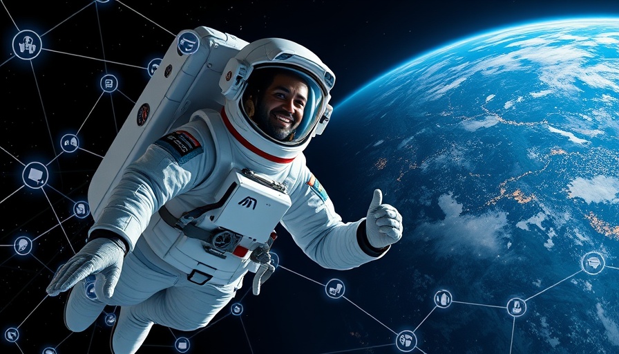 Futuristic astronaut with AI icons over Earth, illustrating custom AI apps.
