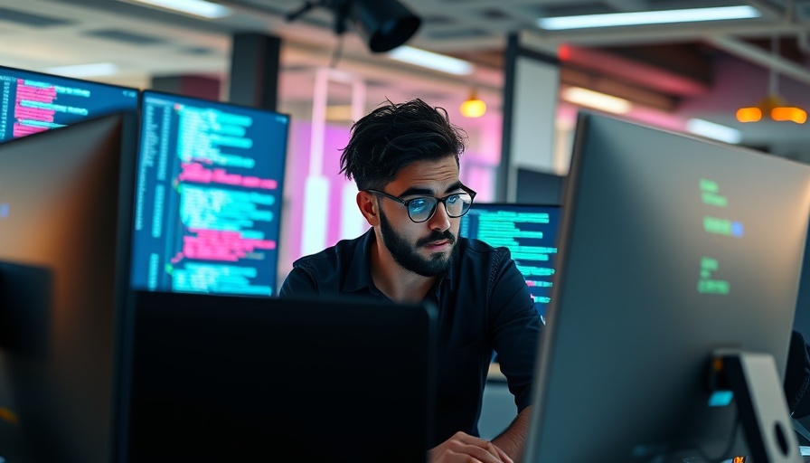 Focused developers analyzing code on screens in modern high-tech office.