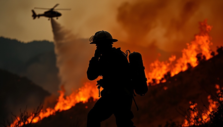 Firefighter silhouetted against blazing wildfire, AI ethics in crime prevention.