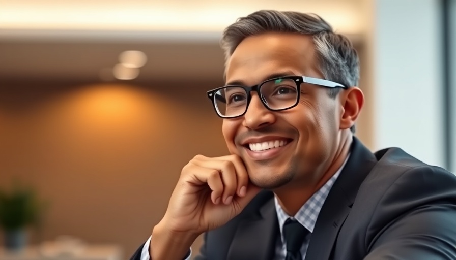 Smiling business professional seated thoughtfully indoors.