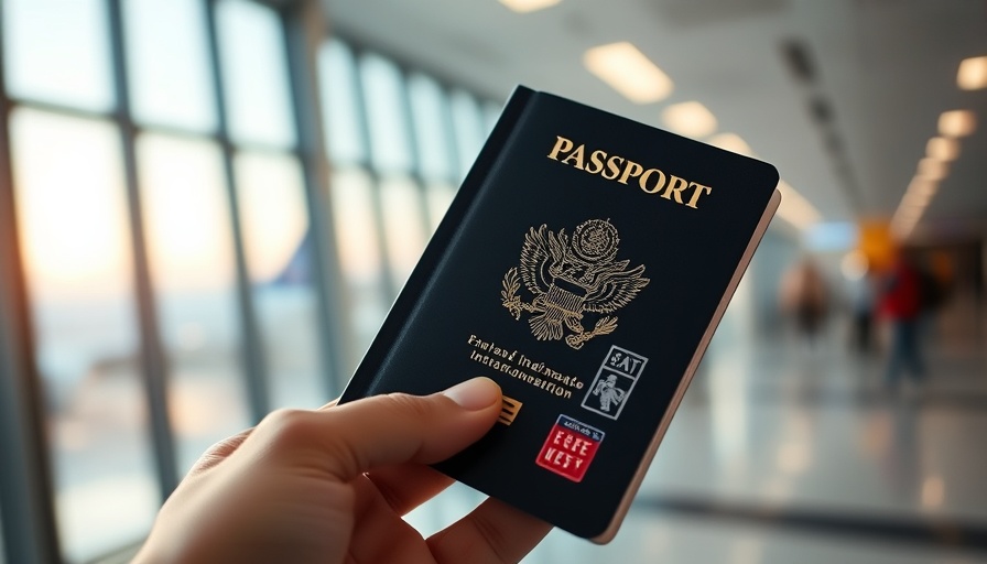 Hand holding a stamped passport at an airport, symbolizing travel for New Orleans global cuisines.