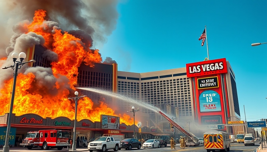 Intense Las Vegas strip mall fire with thick smoke, fire hoses in action.